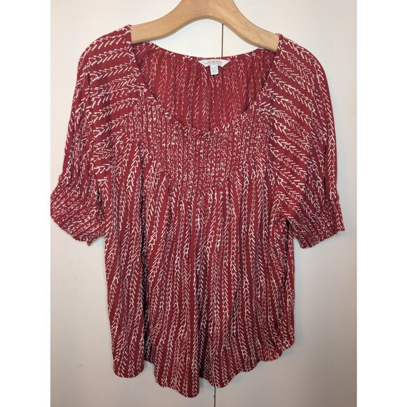 Lucky Brand Red & White Ruched Patterned Blouse - Picture 1 of 13